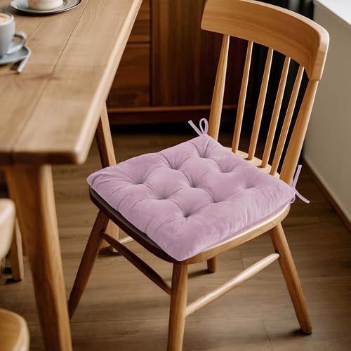ELFJOY 4 Pack Chair Cushions for Dining Chairs Indoor Kitchen Seat Cushions with Ties Tufted Square Seat Pas for Kitchen Dining Office Room (16" Light Purple Velvet) - color: Light Purple