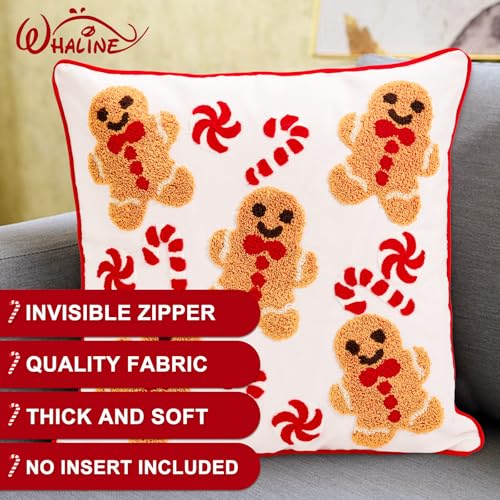 Whaline 2 Pcs Christmas Tufted Throw Pillow Covers Xmas Red White Gingerbread Man Candy Cane Pillowcase Winter Pillowslip Cushion Cover for Sofa Couch Bed Home Party Decor, 18 x 18 Inch