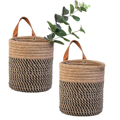 2pack Small Hanging Baskets-Cotton Rope Wall Basket with Handle, Hanging Storage Basket, Shelf Baskets Storage Bin Closet Organizer - 6.3" x 7", Woven Plant Basket (Jute-black) - color: Jute-black