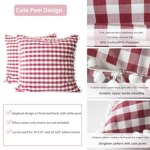 HOPLEE Red Throw Pillow Covers Farmhouse Gingham Pillow Covers with Poms for Home Decor Red and White 18x18 Inches Set of 2 - color: Red Gingham Pom, size: 18" x 18" (Pack of 2)