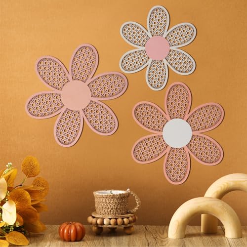 Maitys 3 Pieces Boho Daisy Wall Decor Natural Rattan Flower Wall Hanging Art Wooden Boho Art Nursery Flowers Farmhouse Hanging Decor for Home Office Nursery(Rustic Color) - color: Rustic Color