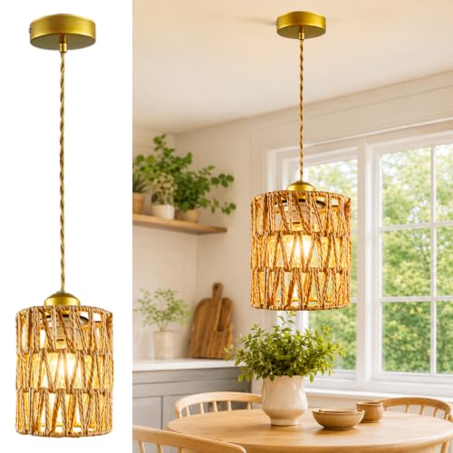 1-Light Rattan Pendant Light Boho Hand-Woven Chandelier, Farmhouse Hemp Rope Pendant Lights for Dining Room, Small Wicher Chandelier Ceiling Hanging Light for Kitchen lsland Bedroom Hallway - color: 4.72″-Cylindrical
