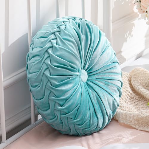 Drydiet 1 Pcs Round Throw Velvet Pillows Decorative Pleated Throw Pillows Diameter Accent Pumpkin Boho Chair Cushion for Couch Sofa Home Decoration (Aqua,15'') - color: Aqua, size: 15''
