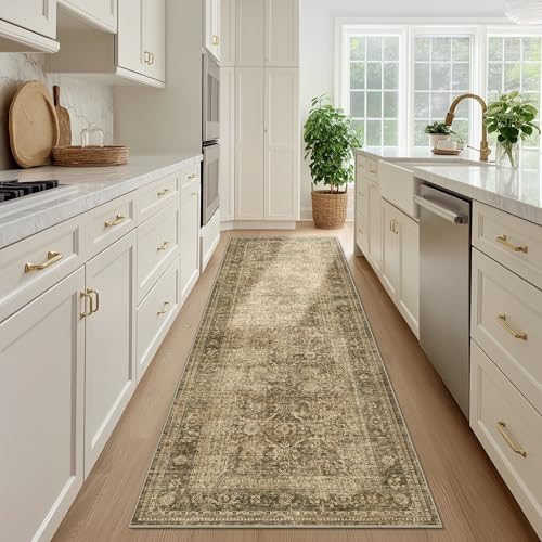 FMFUNCTEX 3x12 Runner Rug Brown Washable Vintage Neutral Distressed Non Slip Low Pile Indoor Carpet Soft Retro Floral Hallway Entryway Rug for Kitchen Living Room Bedroom Bathroom Laundry Bedside - color: Brown, size: 3' x 12' (Rectangular)
