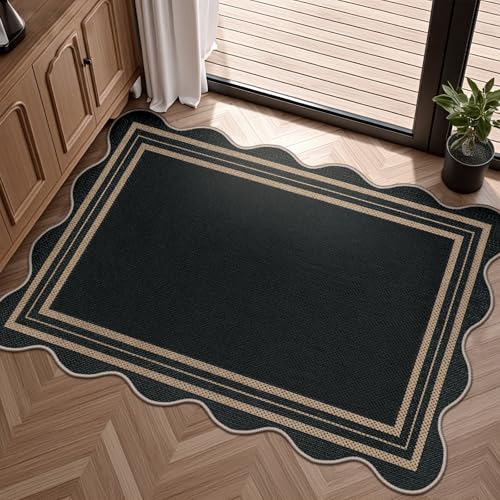 Easy Jute Black Kitchen Rug, 2x3 Front Door Mat Washable Non Slip Small Entryway Rug, Indoor Outdoor Farmhouse Scalloped Doormat for Bathroom Doorway Porch - color: Black Geometric, size: 2'x3' (Rectangular)