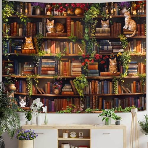 Accnicc Plant Cat Bookshelf Tapestry Botanical Floral Flower Cats Book Tapestries Wall Hanging Vintage Library Large Tapestry for Bedroom Living Room Dorm 80 x 60 inch - color: Green Brown, size: 80"L x 60"W