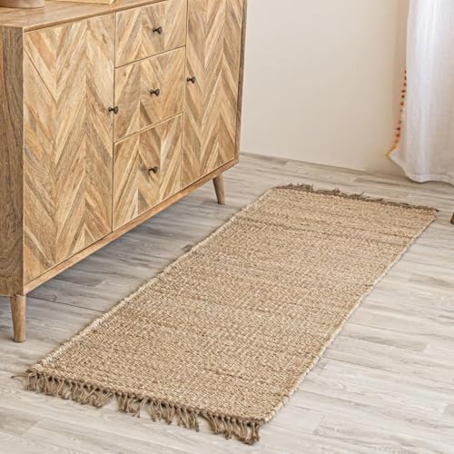 HOMEMONDE Braided Chunky Jute Runner Rug 2'x6' with Tassels - Natural Handwoven Rustic Vintage Farmhouse Style Rug, Ideal for High Traffic Areas - Entryway, Kitchen, Living Room, Bedroom and Hallway - size: 2' x 6' (Runner)