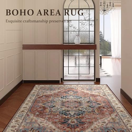 Deerly Washable Bedroom Area Rug 4x6 Indoor Thin Carpet for Living Room Boho Vintage Rug for Kitchen Entryway Dining Room Office Non-Slip Low Pile, Brickred/Multi - color: Brickred & Multi, size: 4' x 6' (Rectangular)