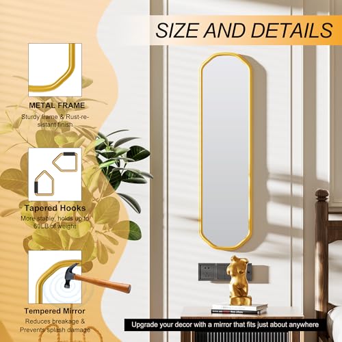 Ferytange Modern Slim Wall Decor Mirror 10"x44" Gold - Skinny Wall Decor for Entryway, Bedroom, Nursery, Luxury Metal Frame with Anti-Shatter Glass - color: Gold, size: 44"L x 10"W