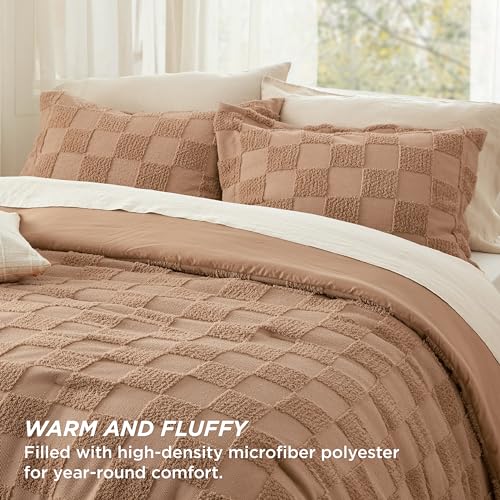 Bedsure Taupe Queen Size Comforter Set, Boho Tufted Bed Set, Checkered Farmhouse-Style Distressed Vintage Bedding, 3 Pieces, 1 Plaid Geometric Comforter and 2 Pillow Shams - color: 01 - Taupe - Tufted Checkboard, size: Queen