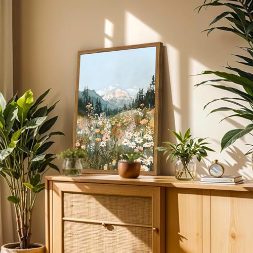 Framed Boho Landscape Wall Art, Colorful Floral Mountain Pictures Wall Decor, Vintage Wildflower Nature Paintings Canvas Prints Rustic Home Decor for Living Room Bedroom Office 12x16 inch - color: Boho Landscape, size: 16"L x 12"W
