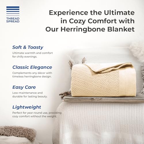 THREAD SPREAD Organic GOTS Certified Cotton Blanket, Twin/Twin XL - 350 GSM, Antistatic, Fuzzy Soft, Lightweight, Sofa, Camping & Travel, All-Season Herringbone Throw, Biege + Stylish Bonus Tote Bag - color: Herringbone - Beige, size: Twin / Twin XL