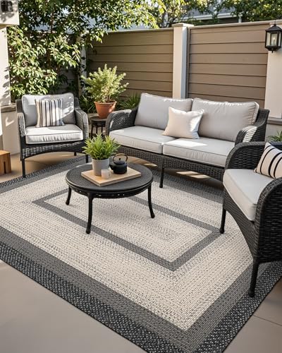 DEXI Woven Hallway Runner Rug, 5x8 Rustic Braided Vintage Carpets, Non Slip Indoor Outdoor Farmhouse Floor Rugs for Entryway, Kitchen, Laundry Room, Black/Ivory - color: Black/Ivory, size: 5' X 8' (Rectangular)
