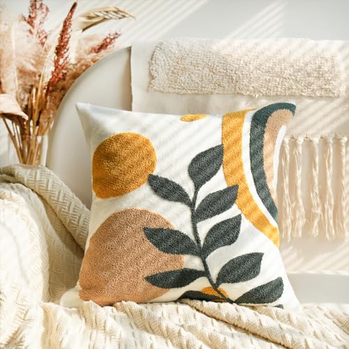 Boho Abstract Decorative Pillow Covers 18x18,Soft Mid Century Floral Woven Tufted Neutral Pillowcase for Couch Bed Sofa Bedroom,1 PC - color: Yellow，green