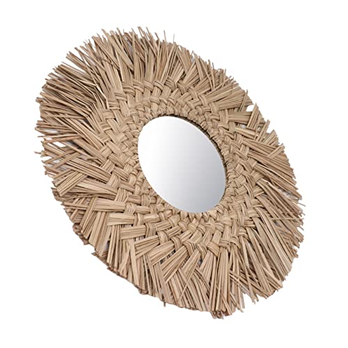 Retro Straw Weave Hanging Mirror, Rattan Boho Circle Mirrors for Wall Decor, Wall Mounted Mirror (Nature) - color: Nature