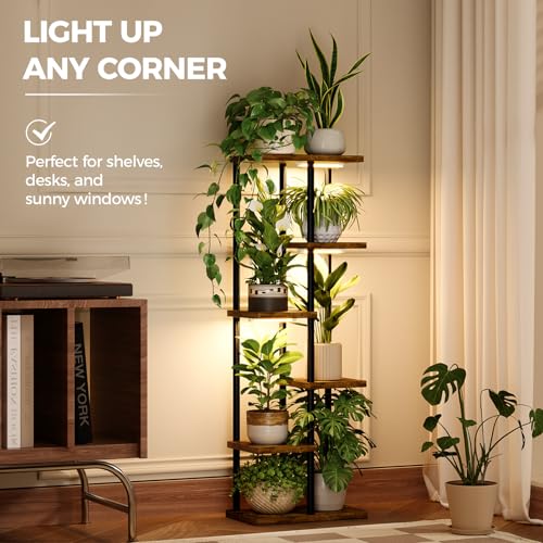 Bamworld Plant Shelf with Grow Light for Indoor Plants Corner 6 Tier Metal Plant Stand Wood Flower Stand for Home Living Room Decor Patio Decor - style: 6 Tier,Square