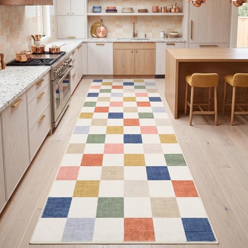 GarveeHome Checkered Colorful Rainbow 2x6 Washable Kitchen Runner Rug Geometric Modern Soft Low-Pile Stain Resistant Kids Rug for Bedroom Hallway Entryway Non-Slip TPE Backing - color: Colorful, size: 2' x 6' (Rectangular)