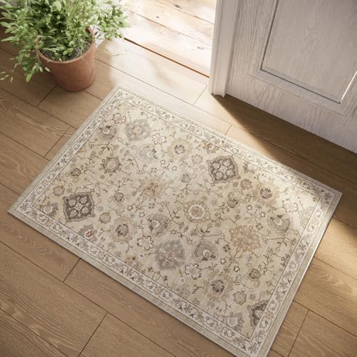Machine Washable Boho Rugs for Entryway: Door Mat Indoor Entrance 2x3 Small Throw Rug Stain Resistant Non-Slip Low Pile Soft Carpet for Kitchen Front Door Indoor Entrance Entry Bedroom - color: Beige and Cream, size: 2' x 3' (Rectangular)
