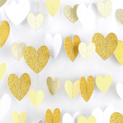 Gold-White Heart-Garland Streamers Engagement-Birthday Party-Decorations - 52Ft Glitter Champagne Hanging Banner Decor Wedding Congratulations Bachelorette Bridal Baby Shower Garsellen - color: Gold White Champagne