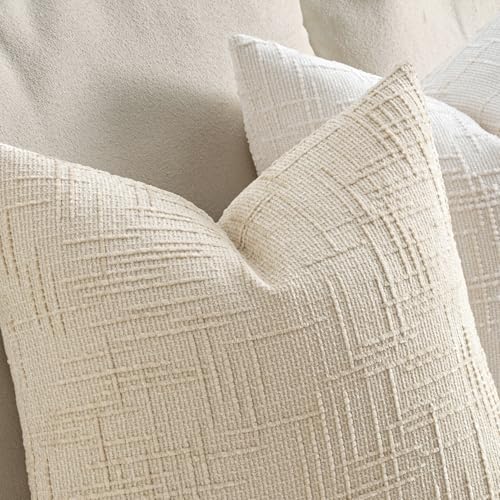 MIULEE Textured Throw Pillow Covers Thick Chenille Decorative Pillows Beige 24x24 Inch Set of 2 Modern Boho Farmhouse Home Decor Neutral Cushion Covers for Couch Sofa Living Room Bedroom - color: Beige, size: 24" x 24" (Pack of 2)