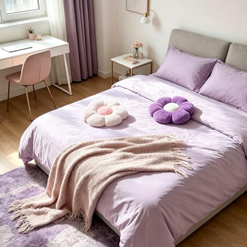 2 Pcs Flower Floor Pillow, Daisy Flower Shaped Pillows Set, Cute Decorative Throw Pillows Floor Cushions for Girls Bedroom Bed Couch Preppy Room Decor (White & Purple, 15 INCH) - color: White & Purple