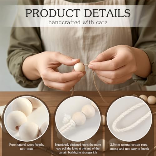 Hion 4 Pcs Boho Curtain Tiebacks,Wood Beads Curtain Holdbacks,Outdoor Farmhouse Tie Backs for Curtains,Curtain Holders for Drapes Home Office Room Decor with Hooks No Drilling(Wood Color) - color: Wood Color, size: 4 Pack