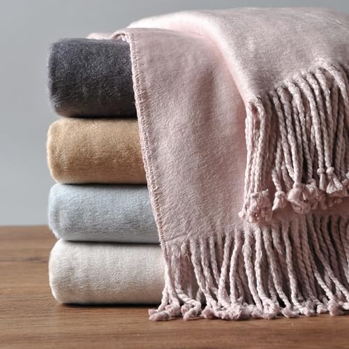 EP Mode Fringed Mulberry Silk Throw Blanket for Sofa (Cameo Pink) - color: Cameo Pink