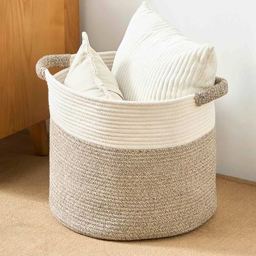 Blanket Basket (16"Dx14"H) - Round Woven Rope Storage for Living Room Throws, Pillows & Laundry - White/Mixed Brown - color: White/Mixed Brown, size: 16" X 16" X 14"
