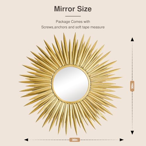 PERHOM Gold Sun Mirror, 30"x30" Large Sunburst Mirrorwith Metal Frame,Starburst Mirrors for Living Room, Entryway, Bedroom, Fireplace