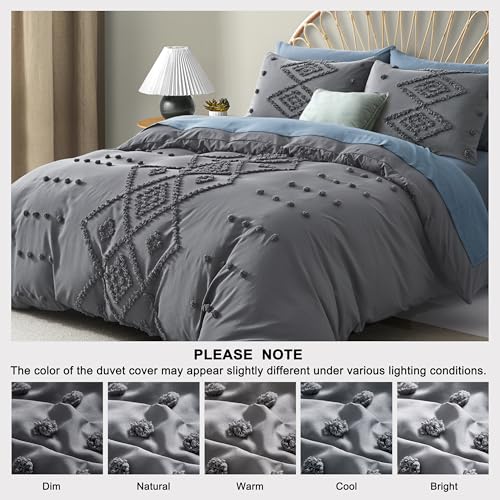 Oli Anderson Tufted Duvet Cover Queen Size, Soft and Lightweight Duvet Covers Set for All Seasons, 3 Pieces Boho Embroidery Shabby Chic Bedding Set (Grey, Queen, 90" x 90") - color: Grey, size: Full/Queen(90"×90")