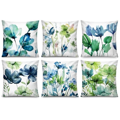 COMMINY Blue Green Flower Pillow Covers 18x18 Inch Set of 6, Spring Summer Pillow Covers, Hydrangea Floral Throw Pillow Case for Couch Sofa Bed Decor, Indoor Decorative Cushion Cover - color: Blue Green Hydrangea Flower, size: 18" x 18" (Pack of 6)