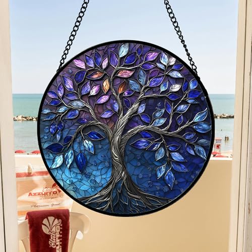 DASTOLL Stained Glass Window Hanging, Blue Purple Tree of Life Sun Catchers Colorful Glass Panel Plants Suncatcher Decor for Birthday for Women,Men,Wife, Lovers, and Mom 11.8x11.8 in - color: Blue Purple, size: 11.8x11.8 IN