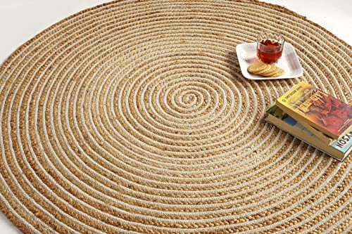 GRUHUM Handwoven 8ft Jute Area Rug Natural Fiber Cotton Round Boho Farmhouse Rustic Vintage Soft Braided Reversible Eco Friendly Rugs- Indoor Outdoor Kitchen Bedroom Living Room Hallways (8'ft Round) - color: Natural- 13, size: 8' (Round)
