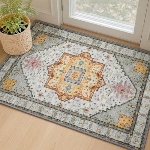 MINIDEAR 2x3 Area Rugs for Entryway Kitchen, Washable Rug Small Accent Rugs for Bedroom Non Slip Vintage Rug Thin Carpet Mat for Home, Gray - color: 02gray-pink, size: 2' x 3' (Rectangular)