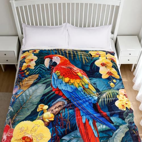 Parrot Bird Throw Blanket Gifts for Women Tropical Floral Plant Blankets Animal Macaw Print Bed Blanket Soft Cozy Flannel Fleece Throw Blanket for Couch Bed 50” x 60” - color: Parrot, size: 50" X 60"