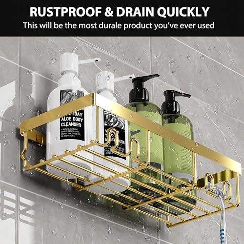 Moforoco Shower Caddy Shelf Organizer Rack, Self Adhesive Black Bathroom Shelves Basket, Home Farmhouse Wall Inside Organization and Storage Decor Rv Accessories, First Camper Apartment Essentials - color: Gold, size: Medium