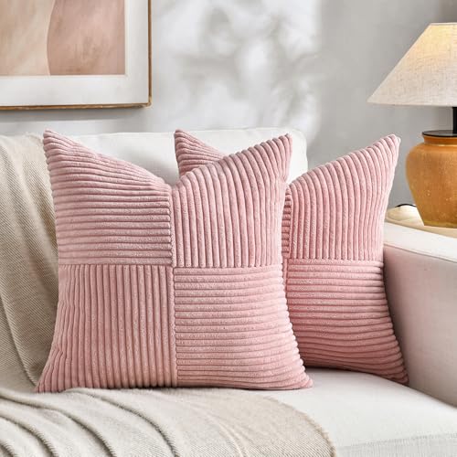 Fancy Homi 2 Packs Blush Pink Samll Decorative Throw Pillow Covers 12x12 Inch with for Couch Bed Sofa, Rustic Farmhouse Boho Home Decor, Soft Corss Patchwork Corduroy Square Cushion Case 30x30 cm - color: Blush Pink, size: 12" x 12" (Pack of 2)