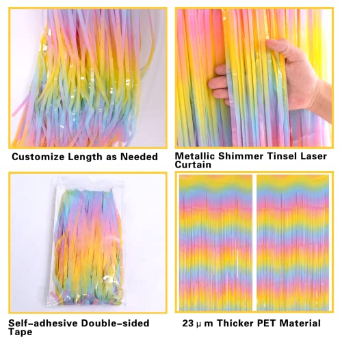 PIGETALE Pastel Rainbow Foil Fringe Curtains, 2Pcs 3.2x8.2ft Metallic Tinsel Foil Streamers Colourful Photo Booths Props Backdrop for Easter Princess Birthday Wedding Engagement Party Decorations - color: Rainbow