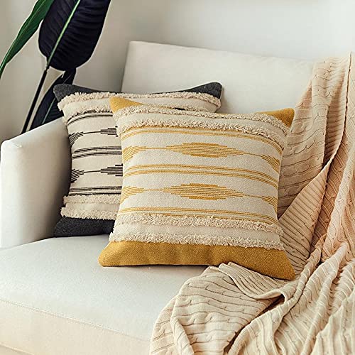 MOCOFO 16" Cream White Grey Woven Tufted Tassel Cushion Cover Fringe Pillow Sofa Couch Throw Bohemian Embroidered Cover ONLY (Gray 18‘’)