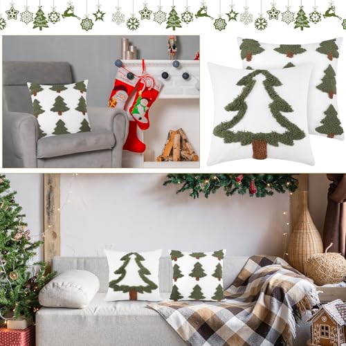 FuWeave 2 Pcs Tufted Christmas Tree Throw Pillow Cover 18 x 18 Inch Winter Throw Pillow Covers White Decorative Farmhouse Pillowcase for Holiday Party Winter Couch Home