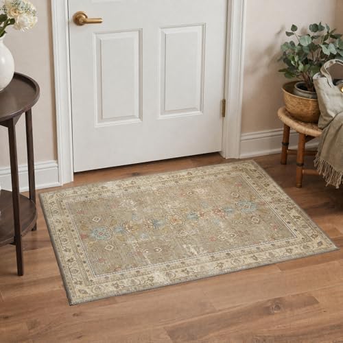 Bavni 2x3 Entryway Rug Bathroom Rugs for Front Door Bedroom Bathroom Kitchen, Washable Vintage Vintage Floral Carpet, Lightweight Rug with Non Slip Backing, Warm Beige - color: Warm Beige, size: 2' x 3' (Rectangular)