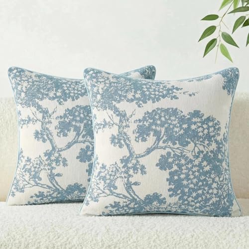 Mantle & Mason Floral 18x18 Throw Pillow Covers Set of 2, French Vintage Woven Jacquard Decorative Accent Pillow Cases for Couch, 430GSM Thick Chenille & Luxury Velvet, Blue - color: Tree Pattern Blue, size: 18" x 18" (Pack of 2)