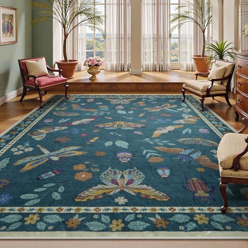 Beeiva Insect Print Bedroom Rug 8x10 Under Bed Non Slip, Foldable Washable Rugs 8x10, Low Pile 8 x 10 Area Rug for Bedroom Large Carpet for Kids Room Playroom Living Room Dorm Decor(Dark Green,8x10ft) - color: Dark Green, size: 8' x 10' (Rectangular)