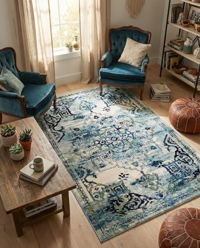 Rugs.com Fleur Collection Rug – 5' x 8' Blue Medium-Pile Rug Perfect for Bedrooms, Dining Rooms, Living Rooms - color: Blue 12, size: 5' x 8' (Rectangular)