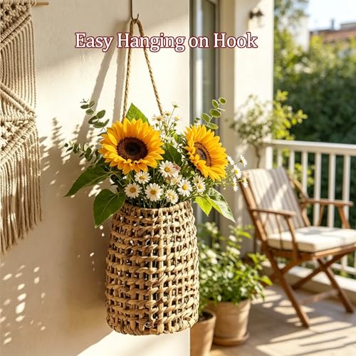 Natural Handwoven Water Hyacinth Hanging Basket – Boho Wall Decor for Front Door, Flowers, Mail & Veggies Storage – Wicker Organizer for Home, Pantry, Garden, Farmhouse