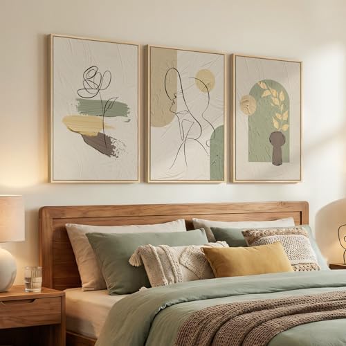 Framed Abstract Boho Wall Art for Living Room, 3 Piece Large Neutral Canvas Prints Paintings, Modern Minimalist Line Face Botanical Picture Artwork Decor for Bedroom Dining Room Hallway, 16x24 Inch - color: Beige Green, size: 24" H x 16" W x 3Pcs