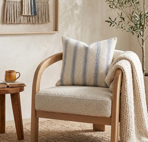 SanVia Cotton Throw Pillow Covers 20x20 – Handwoven Jacquard Texture, Fade-Resistant, No Pilling – Hidden Zipper, Decorative Cushion Cover for Sofa, Couch, Bed – Insert Not Included (Striped, White) - color: Dusty Blue, size: 20" x 20"