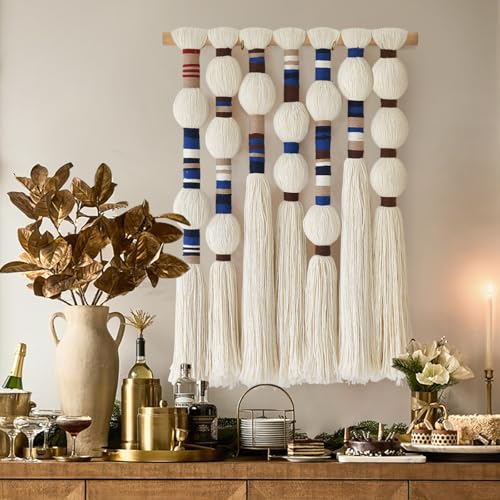 Flber Macrame Wall Hanging Blue Handmade Yarn with Ball Tassels 15.7" Wx 21.6" L - color: Blue