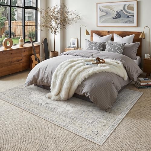 HUGEAR 6x9 Area Rugs Machine Washable Rugs Vintage Grey Living Room Bedroom Rug Non-Shedding Low Pile Persia Throw Carpet Non Slip for Dining Room Kitchen Office Home Decor - color: Beige / Grey, size: 6' x 9' (Rectangular)