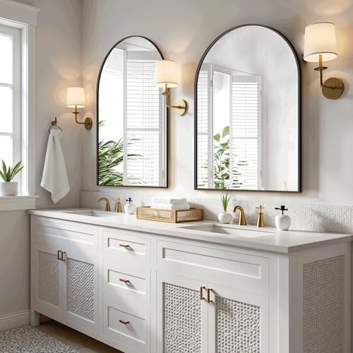 Arched Bathroom Mirror for Wall, 30" x 20" Black Metal Frame Vanity Mirror, HD Glass Over Sink for Bathroom, Entryway, Bedroom - color: Matte Black, size: 30"L x 20"W